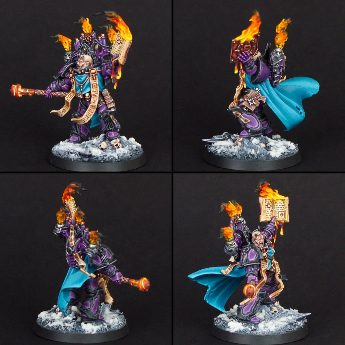 Miniature figurine of a fantasy wizard or sorcerer character with purple robes, a large book on fire, and a blue cape, standing on a snowy base with skulls against a black background.
