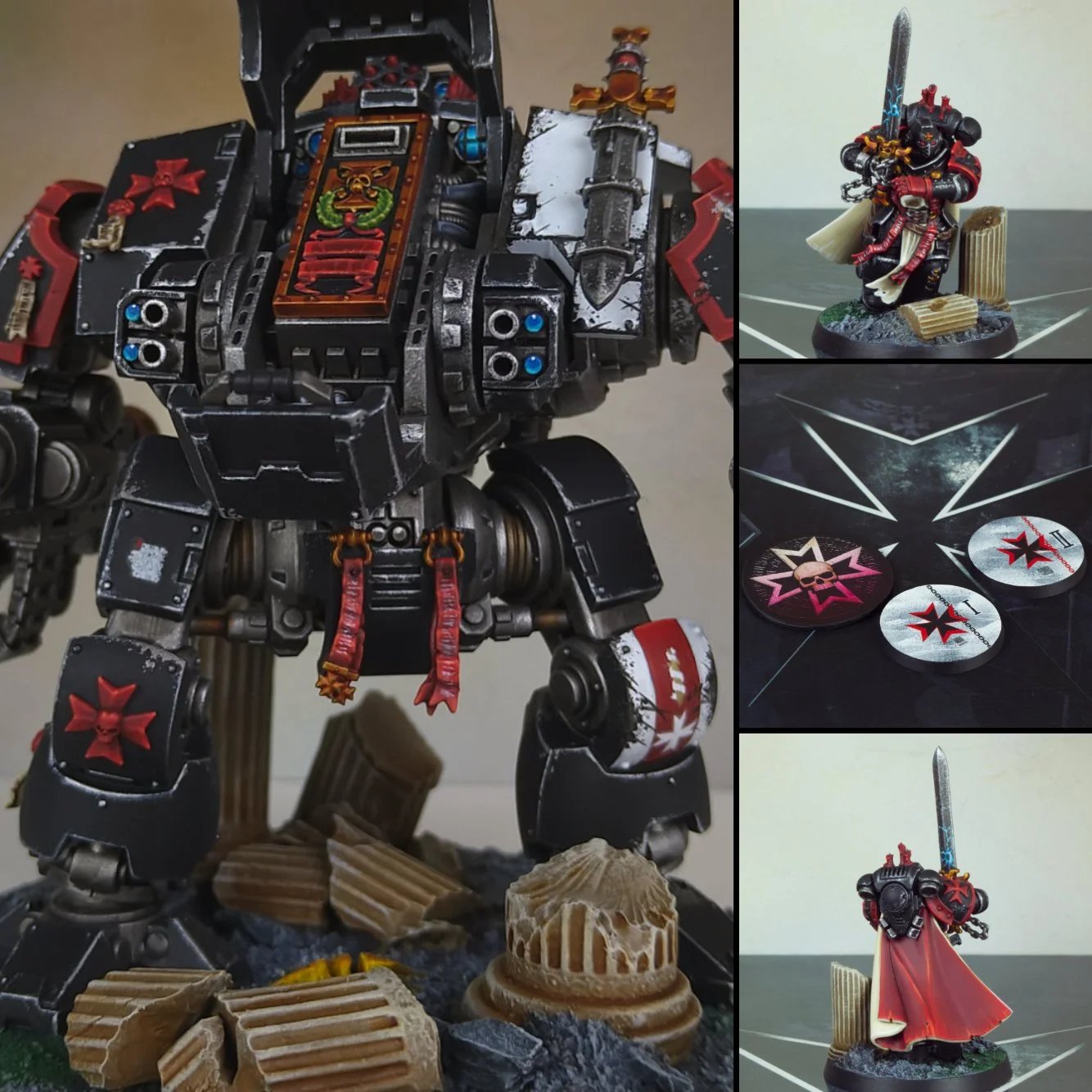 Collection of Warhammer 40K miniatures including a large armored robot, a knight with a sword, and smaller round tokens or bases with symbols, displayed on various gaming surfaces.