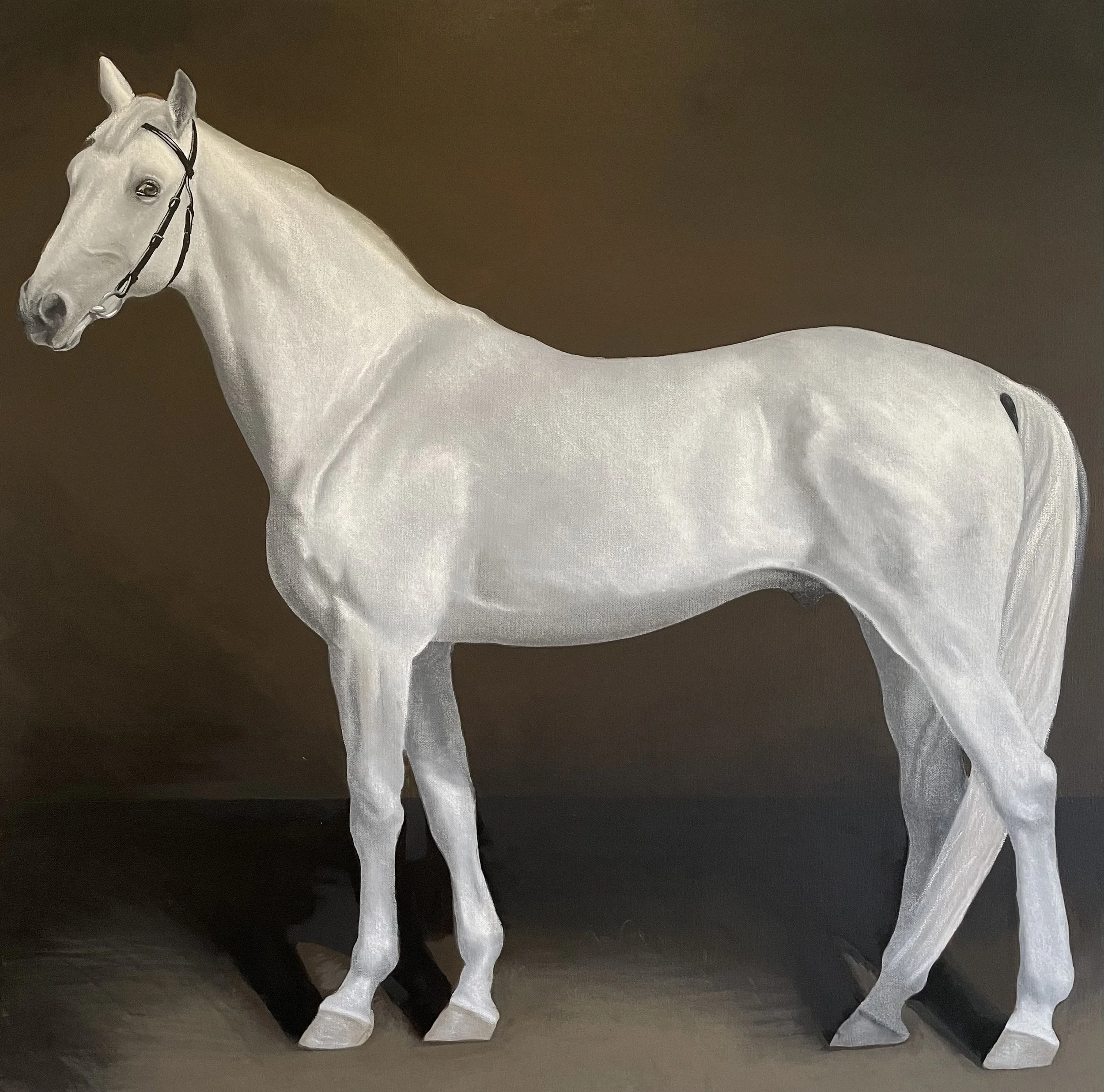 A realistic white horse sculpture with a black bridle against a brown background.