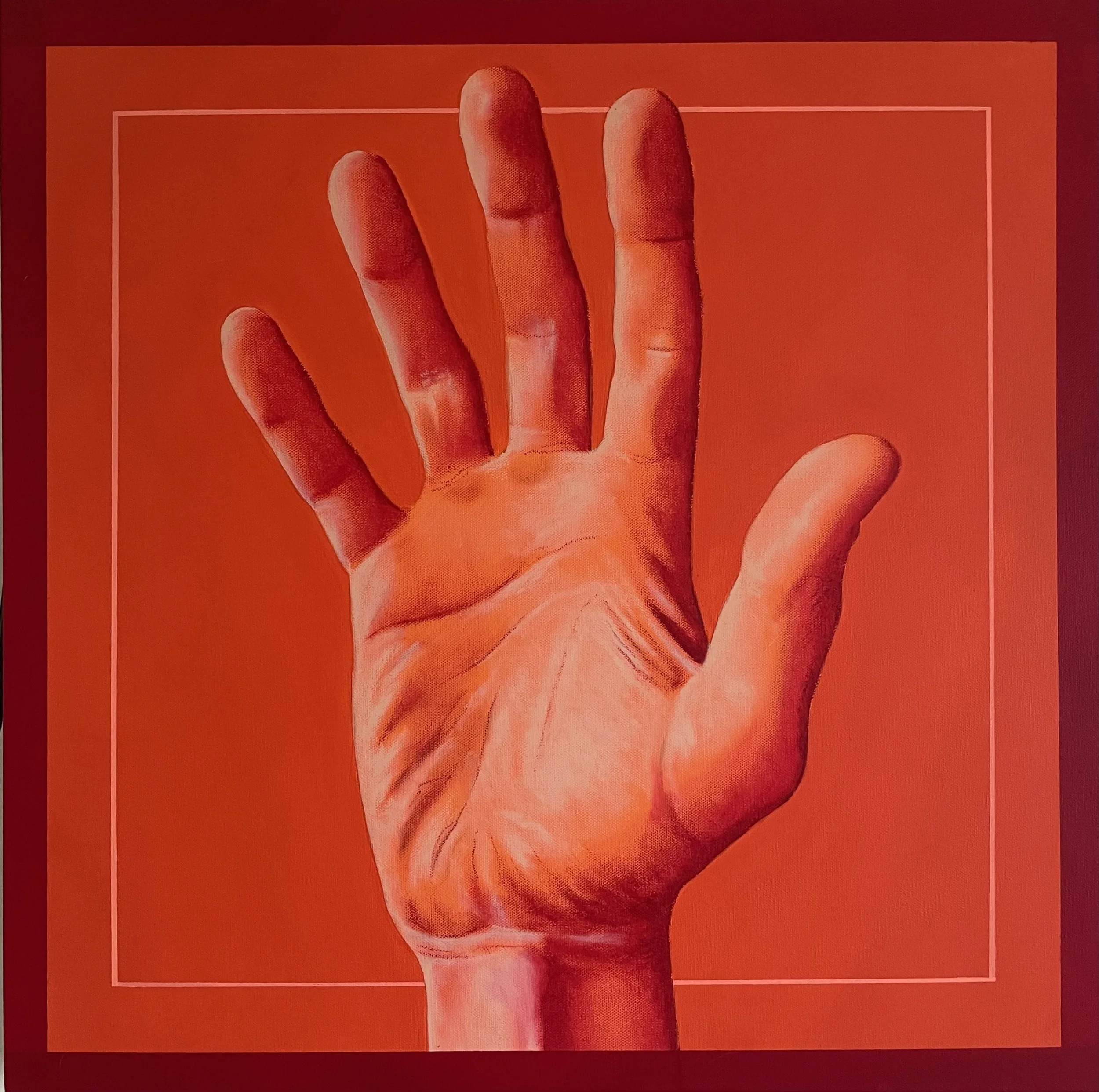 A realistic illustration of a human hand with fingers spread out, set against a red background with a white border.