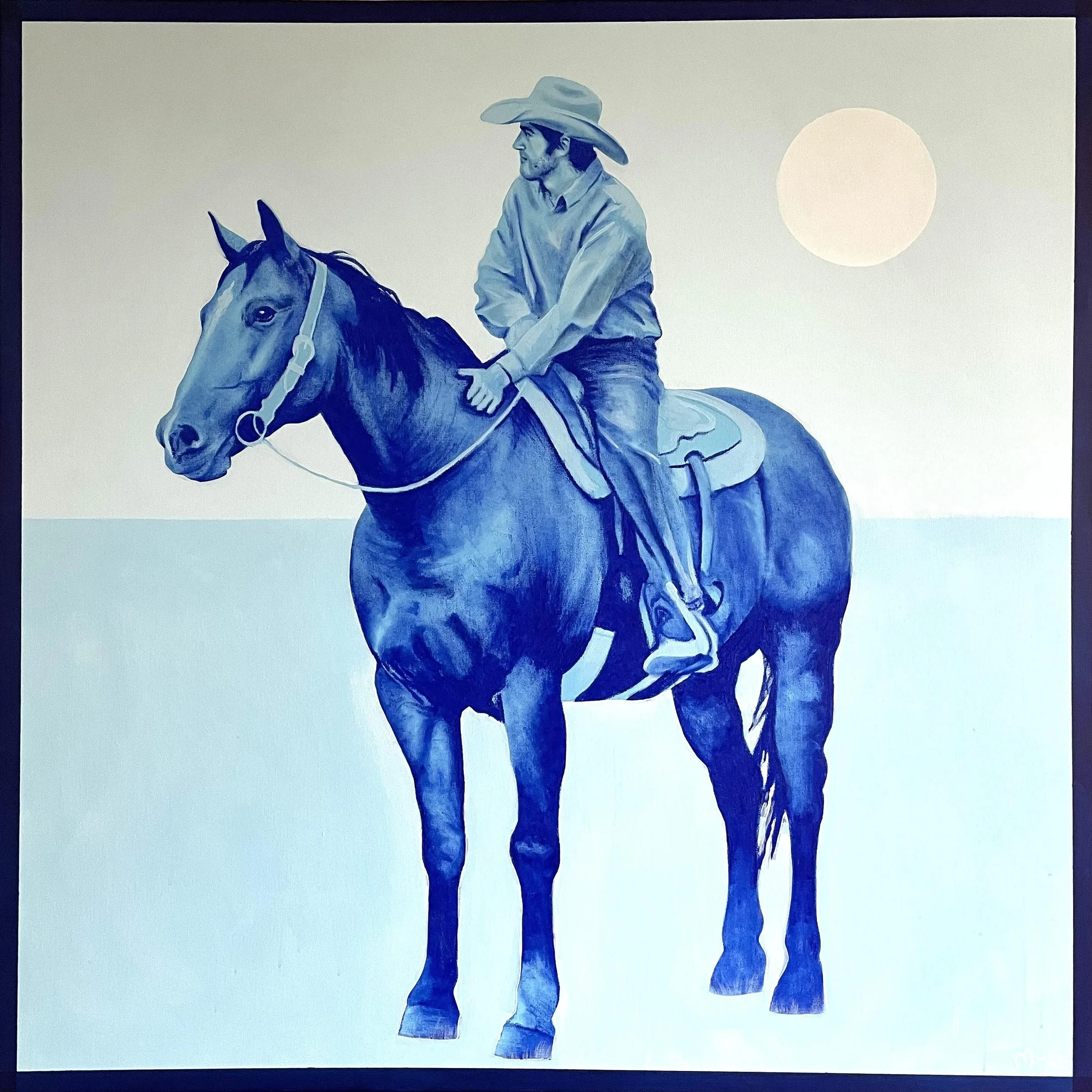 A painting of a cowboy in a hat riding a dark horse, with a light background and a white circle resembling the sun or moon.