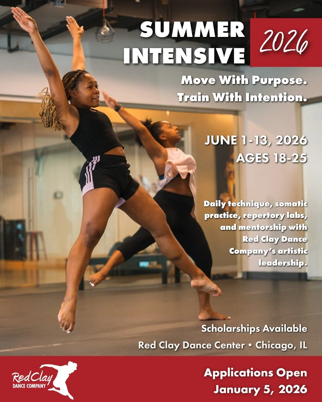 Move with purpose. Train with intention.

Save the date for Red Clay Dance Company&rsquo;s Summer Intensive 2026!

This two-week immersive experience invites advanced and professional-level dancers ages 18&ndash;25 to train in Afro-Contemporary techn