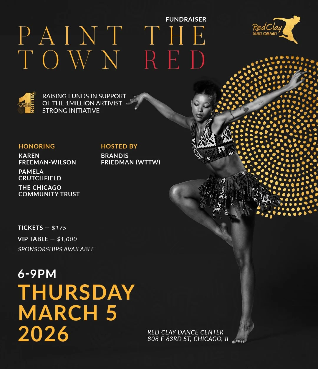 LAST CALL ❤️🔥

Ticket sales for Paint the Town Red end TONIGHT at midnight.

On March 5, our Village gathers at @redclaydancecenter for a powerful night of Artivism, performance, and collective impact in support of the 1 Million Artivist Strong Init