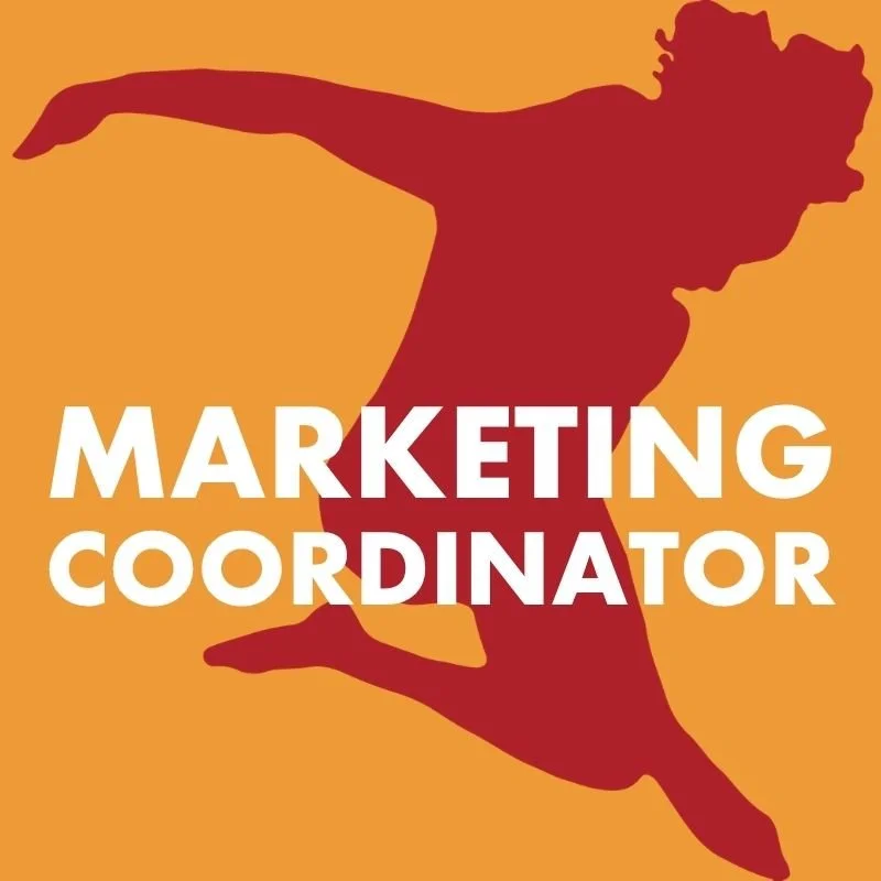 Silhouette of a person performing a handstand, with words 'Marketing Coordinator' overlayed in bold white text.