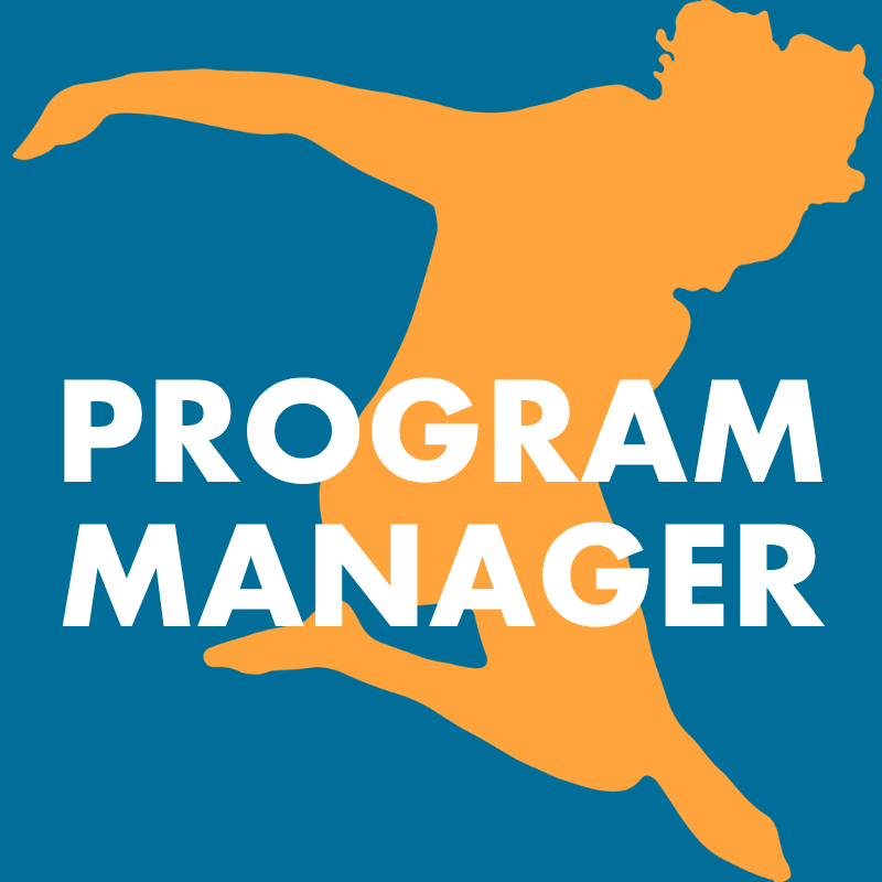 Orange silhouette of a person mid-air doing a backflip against a blue background with the words "Program Manager" in white bold letters.
