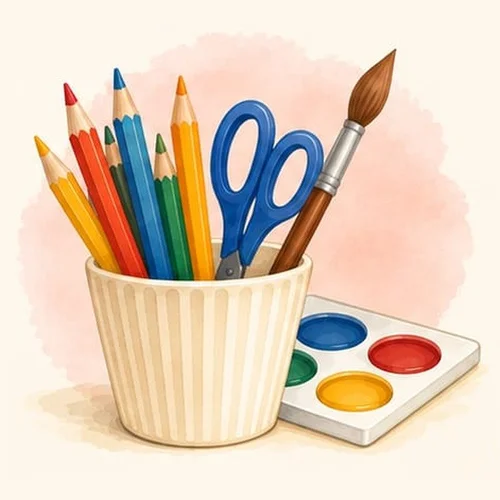 Watercolor illustration of colored pencils, scissors, a paintbrush and paints