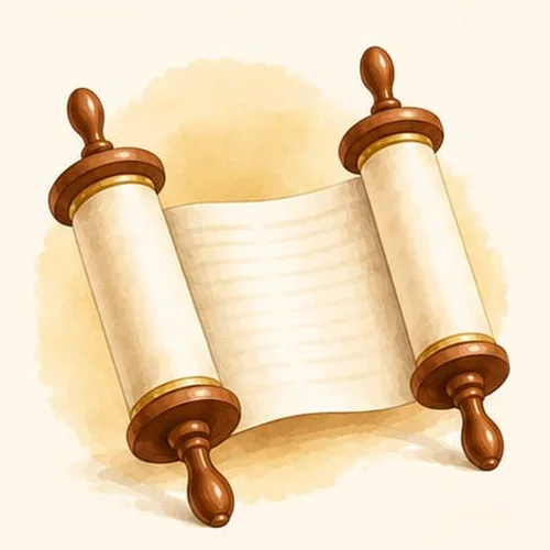 Watercolor illustration of an open Torah scroll