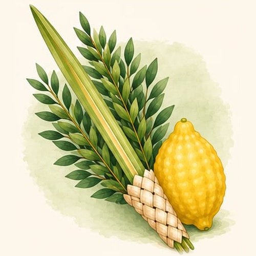 Watercolor illustration of a lulav and esrog