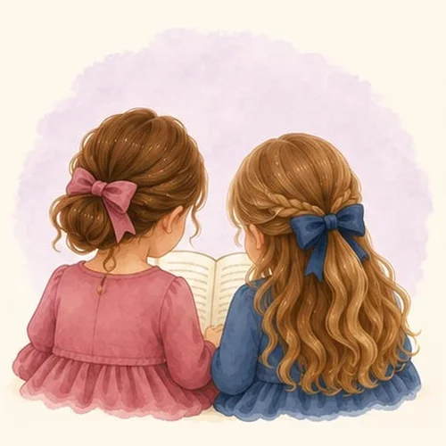 Watercolor illustration of two girls reading a book together