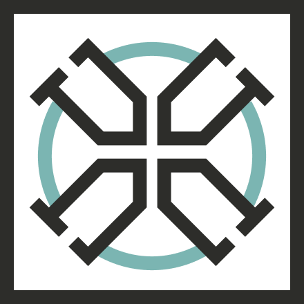 Geometric drawing of an outline square with sections divided by vertical, horizontal, and half circle lines.