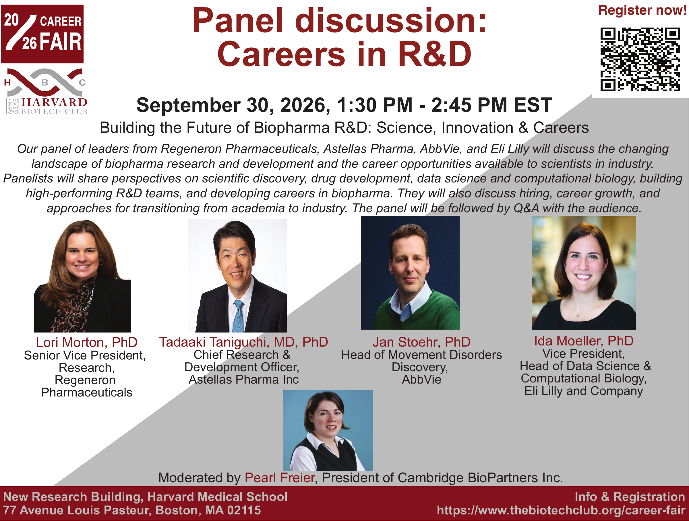 2026 Harvard Biotech Club Careers in R&D panel: Building the Future of Biopharma R&D: Science, Innovation & Careers; September 30, 1:30–2:45 PM, moderated by Pearl Freier.
