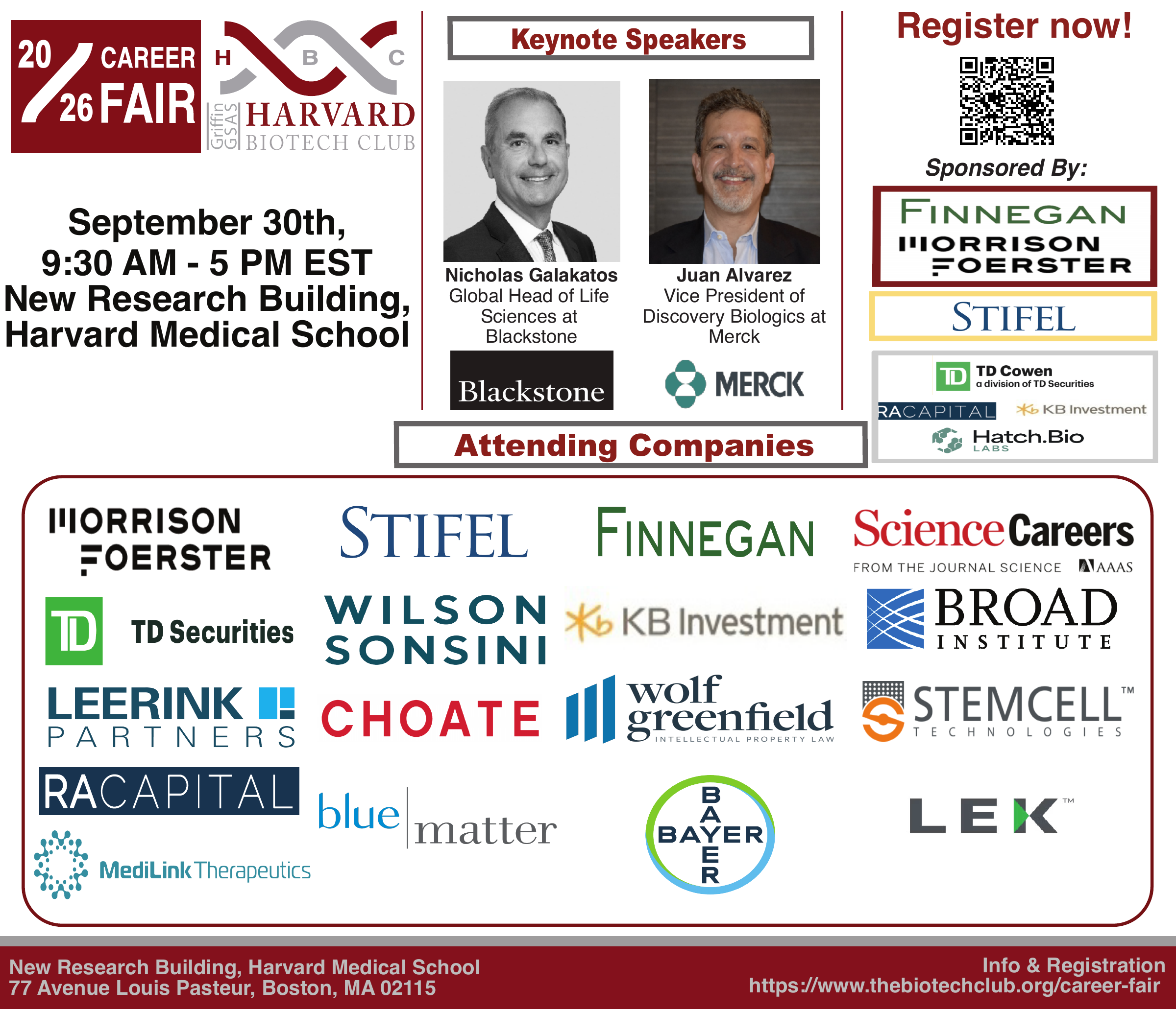 2026 Harvard Biotech Club Career Fair: September 30, 9:30 AM–5 PM, New Research Building, Harvard Medical School; attending companies and sponsors.