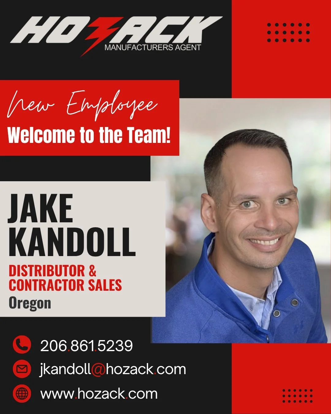⚡️Please join us in welcoming Jake Kandoll to the Hozack team! ⚡️

Jake will be managing our Oregon territory and brings a wealth of experience from his time at Fastenal, where he served as a National Account Manager. He&rsquo;s worked closely with c