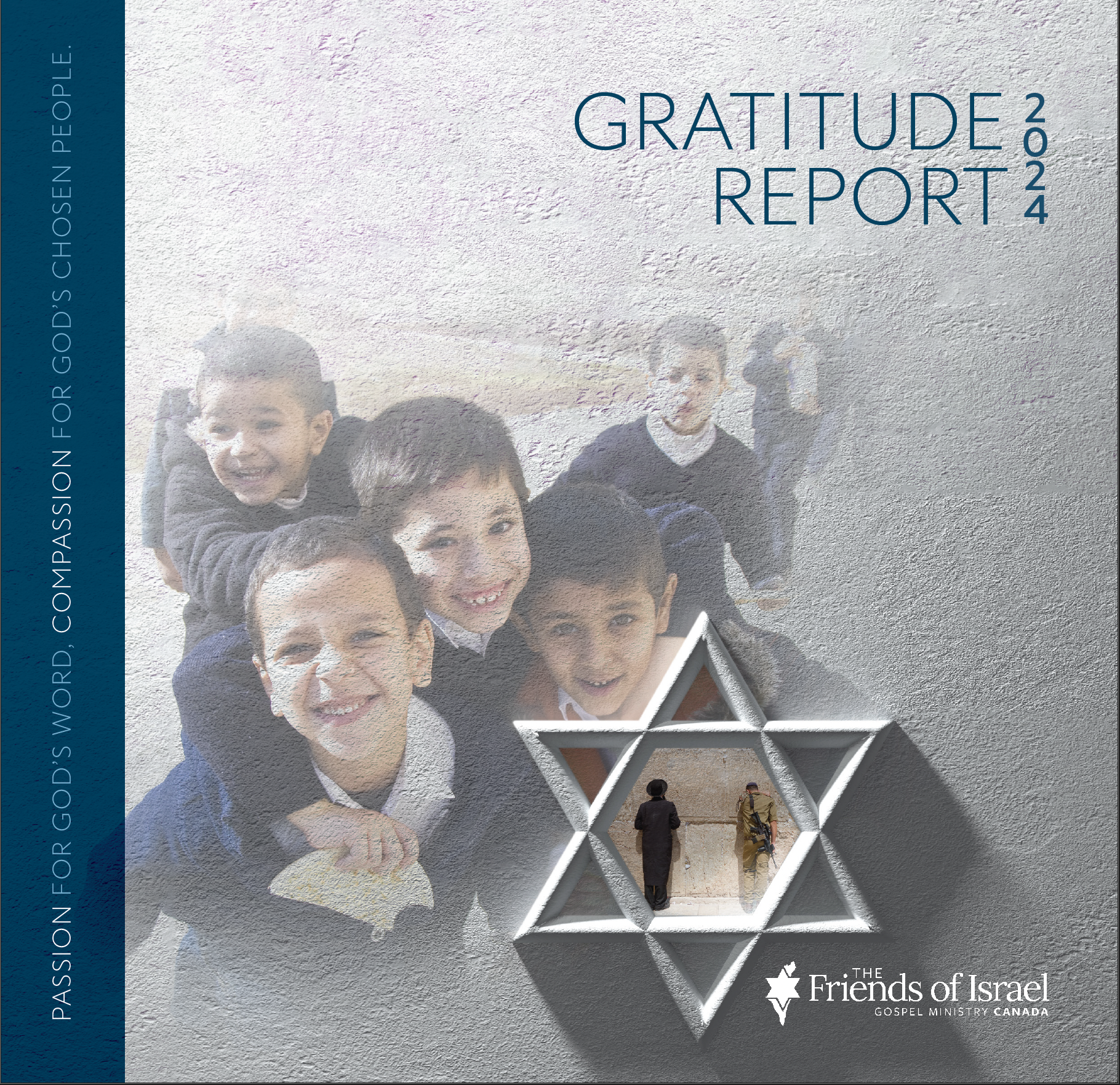 Cover of the 2024 Gratitude Report by Friends of Israel, featuring a group of smiling children behind a Star of David-shaped frame with two people walking through a doorway, on a textured wall background.