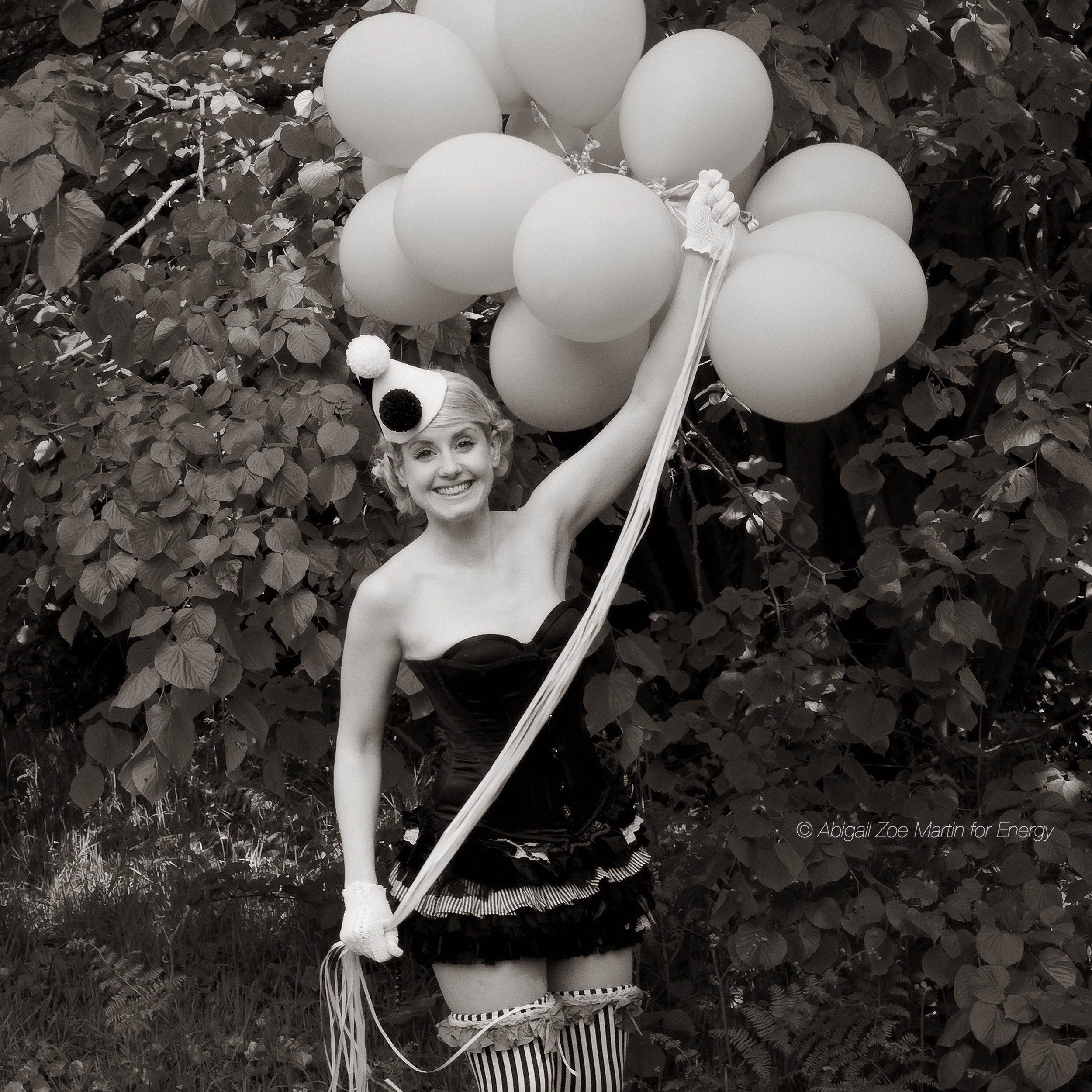 April with balloons - Black and White - 16x16 - $300