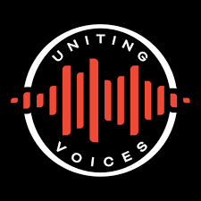 Logo with a circular design, featuring the words 'U N I T I N G V O I C E S' around the perimeter and a red soundwave graphic in the center.