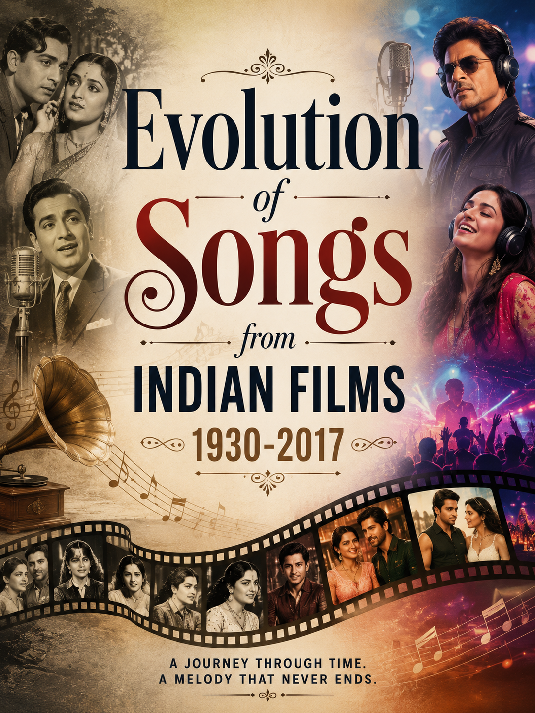 graphic with Indian Performers of film and a film strip at teh bottom 
