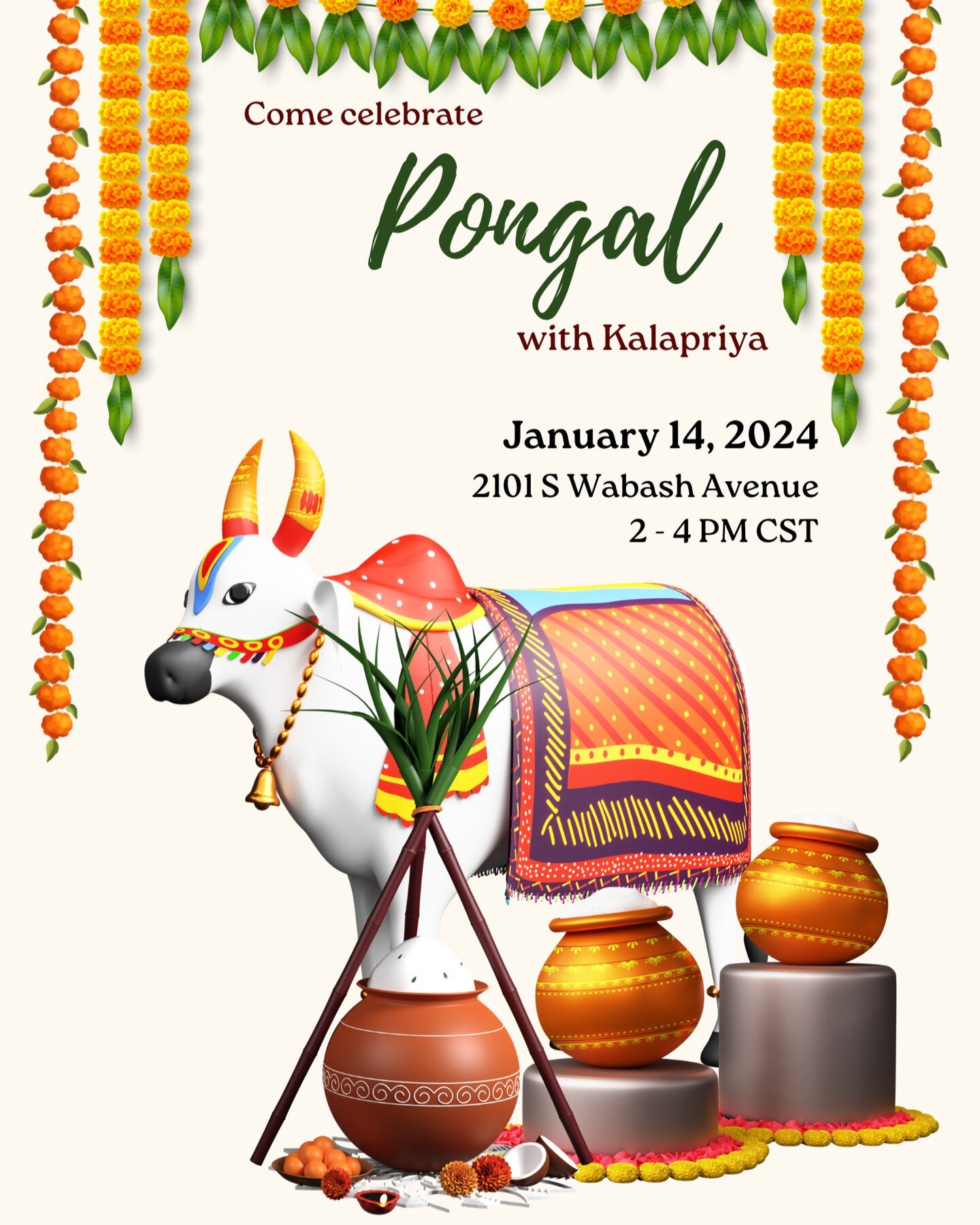 🎆Pongal-ooooo Pongal! 

We would love for you all to join us on the auspicious day of January 14, 2024 to celebrate Thai Pongal with us at Kalapriya! 

All are welcome! If you've never celebrated this festival, we would be honored to share the joy o