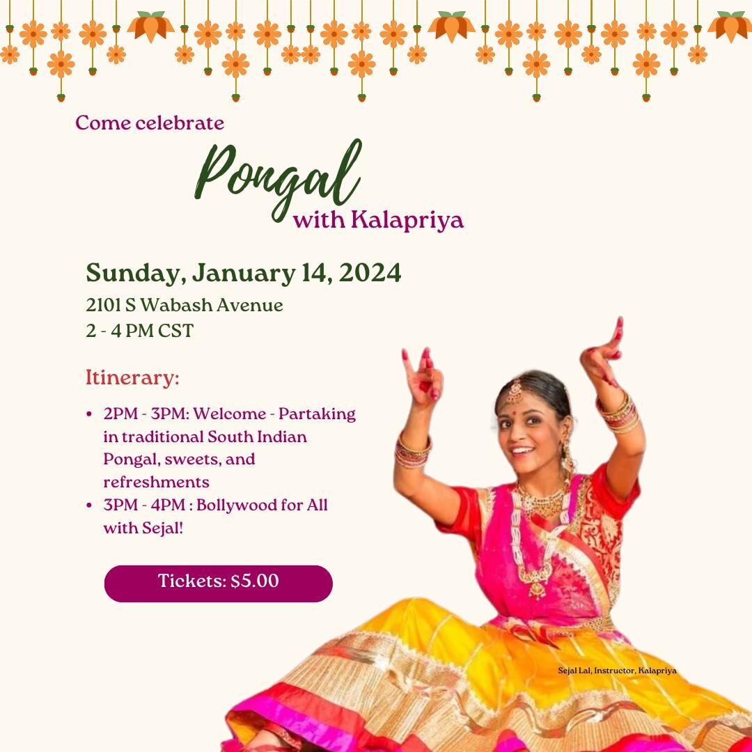 What better way to ring in the new year than with some great food and stress free dancing? 
Join us at our South Loop Studio - 2101 S Wabash Avenue, Chicago, IL, 60616 - from 2-4PM this Sunday to partake in some sumptuous traditional Pongal, and then