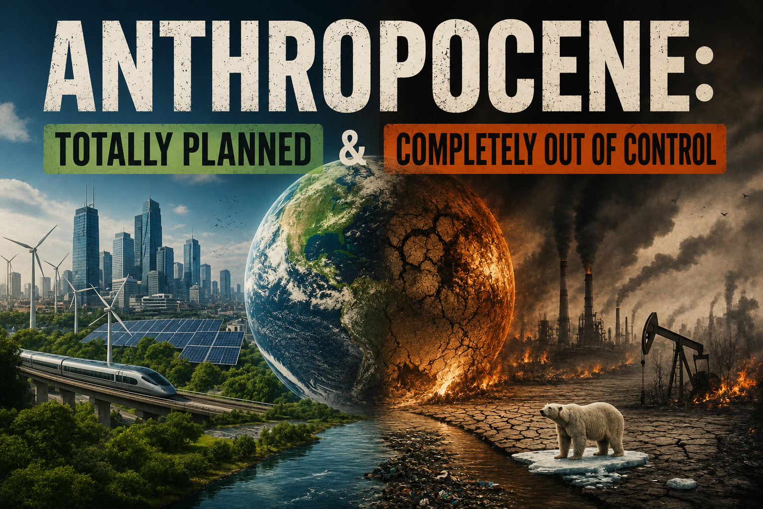 Anthropocene: Totally Planned & Completely out of Control graphic with moder world and image of old world on fire