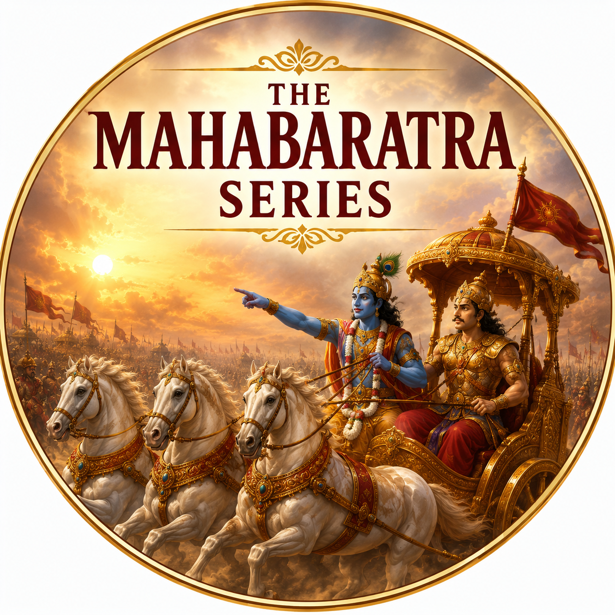 Title Mahabaratra Series with two people in a carriage behind 3 horses