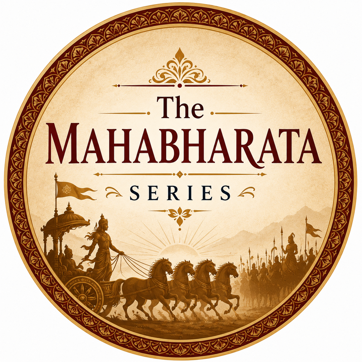 The Mahabharata graphic that is brown and beige with horses and a person riding them