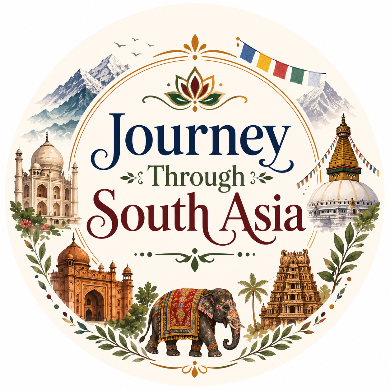Journey through South Asia graphic with Indian buildings and an elephant in the bottom center