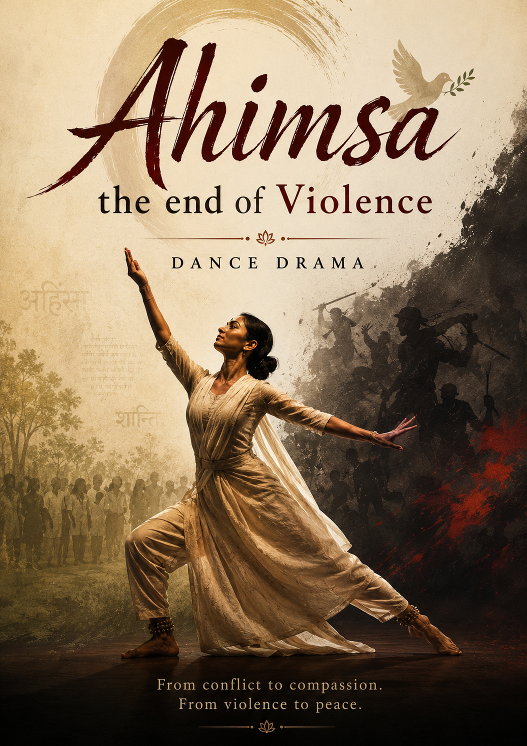 graphic of woman in white clothes and title Ahimsa The End of Violence