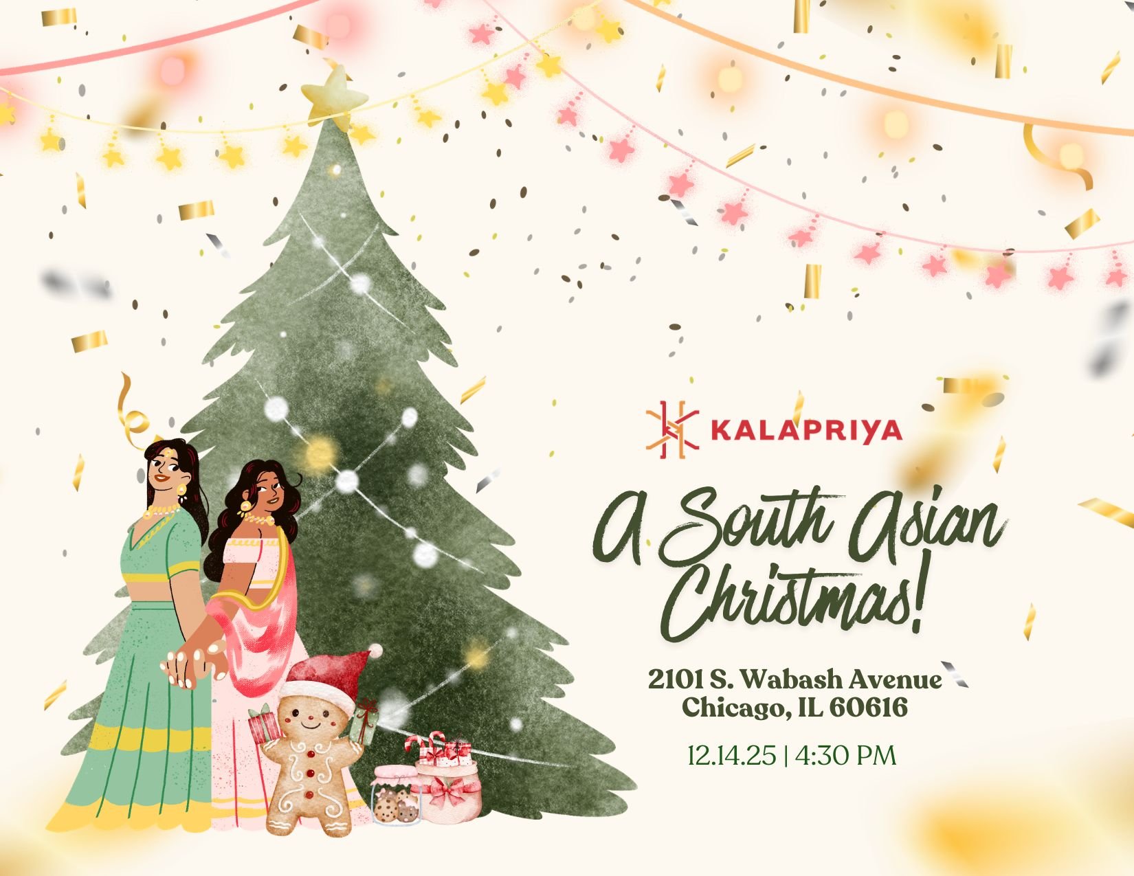 A festive holiday flyer featuring two South Asian women in traditional attire standing beside a decorated Christmas tree with presents and a gingerbread man. The flyer includes gold and pink confetti, hanging decorations, and text for a South Asian Christmas event at 2101 S. Wabash Avenue, Chicago, IL 60616 on December 14, 2025, at 4:30 PM.
