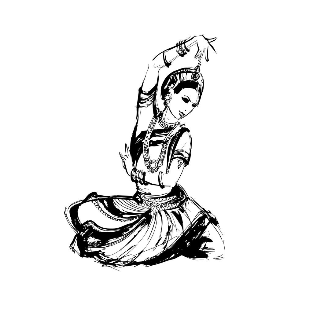 black and white sketch of a woman holding a dance pose with one arm over her head