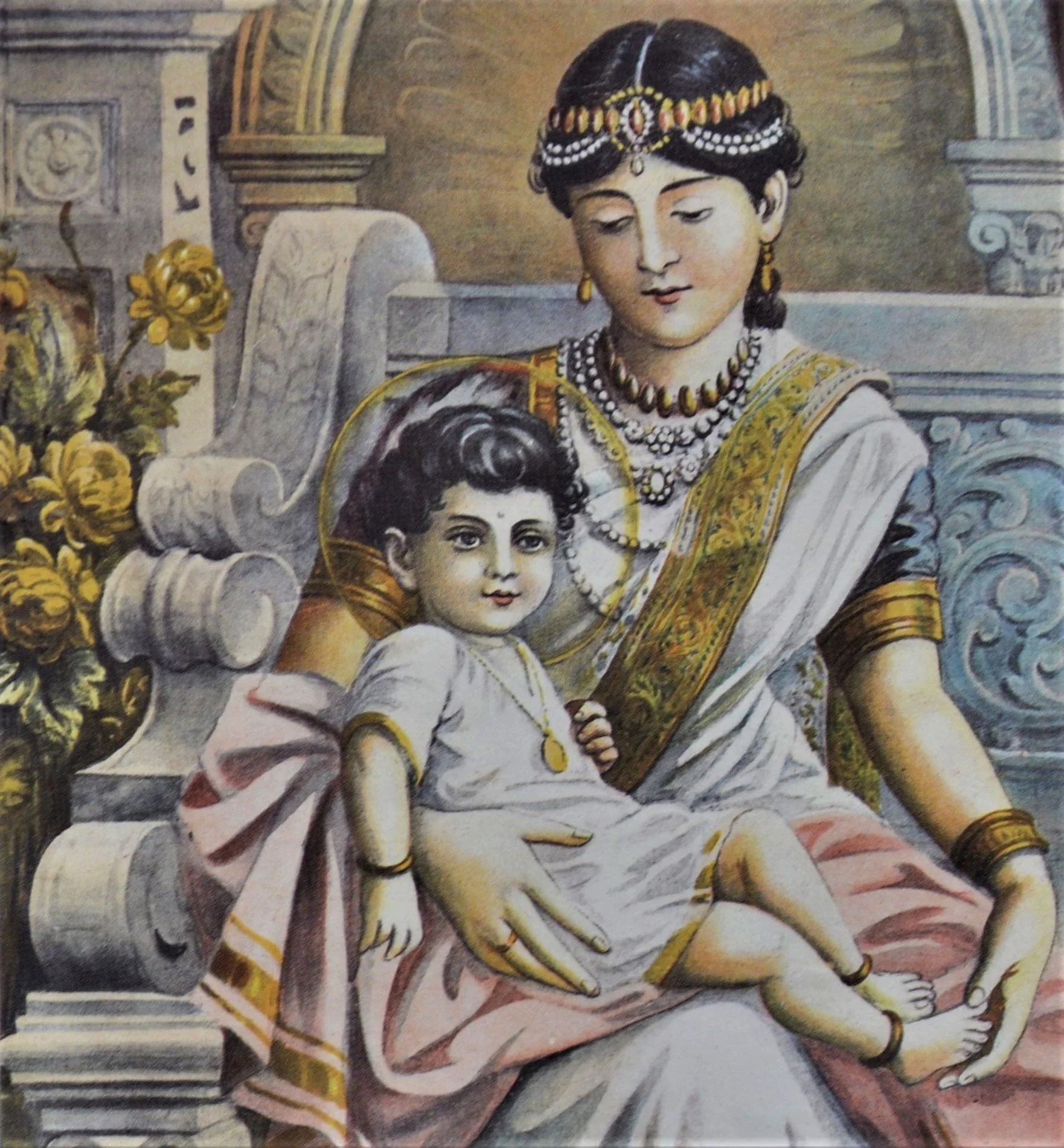 sketched image of Yashodhara and Rahul as a baby