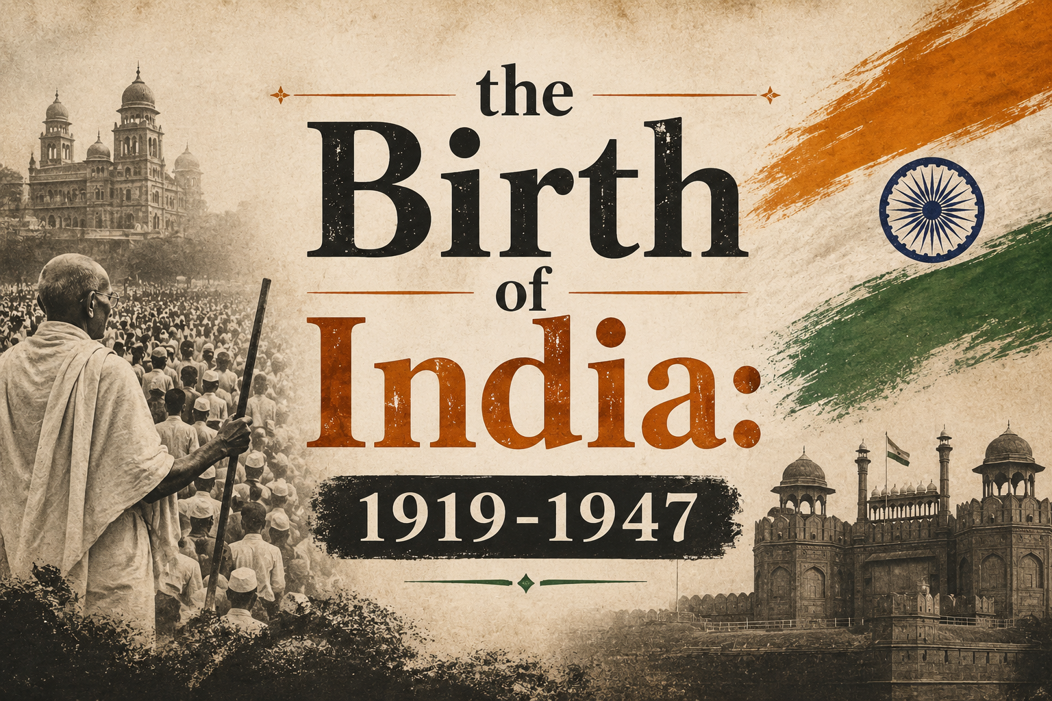 graphic that says Birth of India with Gandhi addressing a crowd
