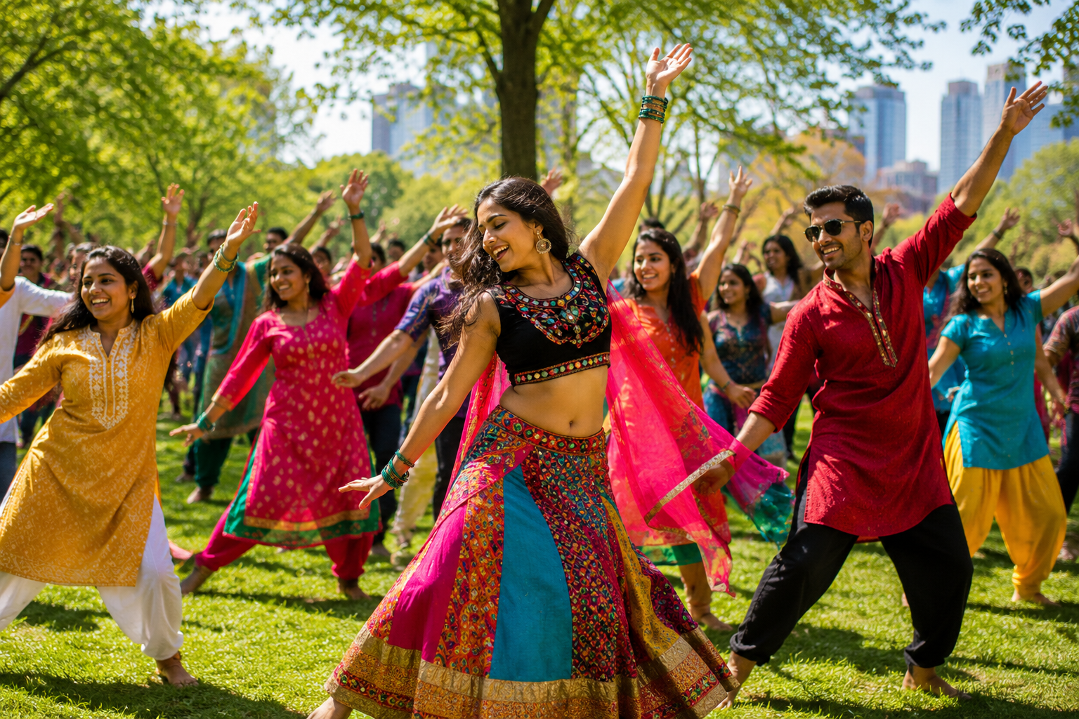 Group of people dressed in colorful traditional Indian clothing dancing outdoors on a sunny day in a park.