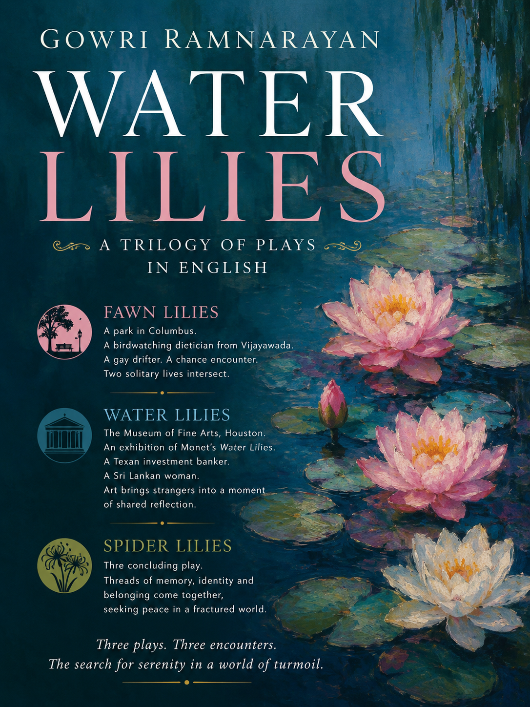 blue graphic with lilies and title Water Lilies: A Trilogy of Plays in English