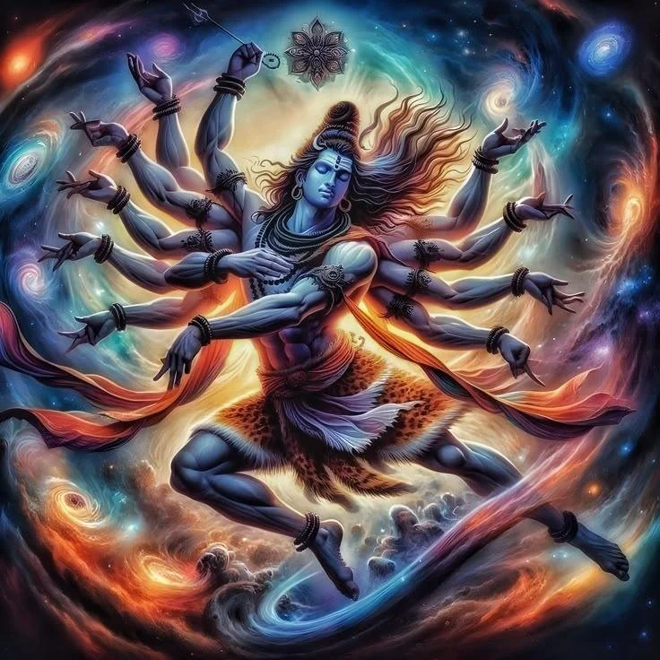 colorful graphic of a man with many arms coming out of his body and two legs