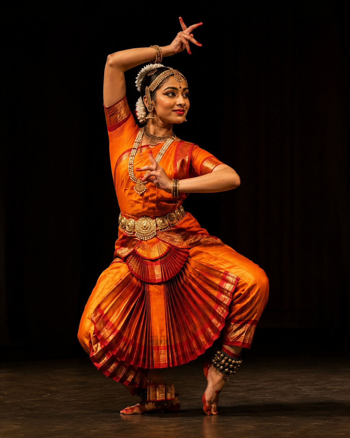 female Indian dancer with orange costume holding a dance pose