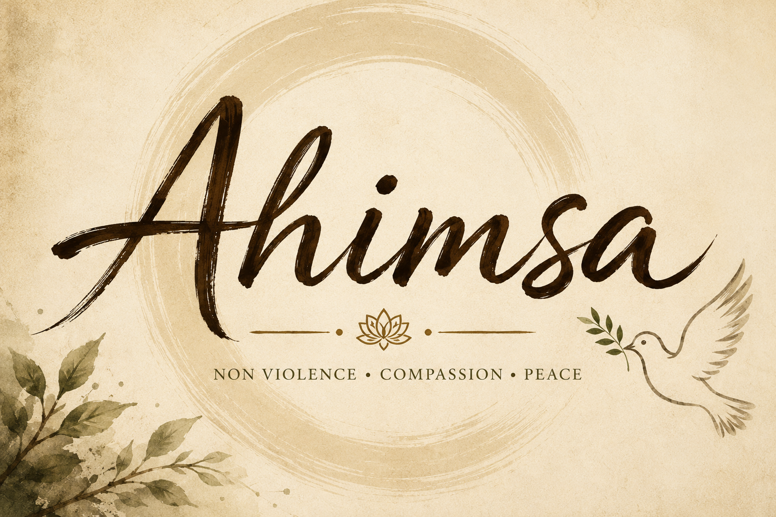 graphic that says Ahimsa - with a bird with a green leaf in its mouth