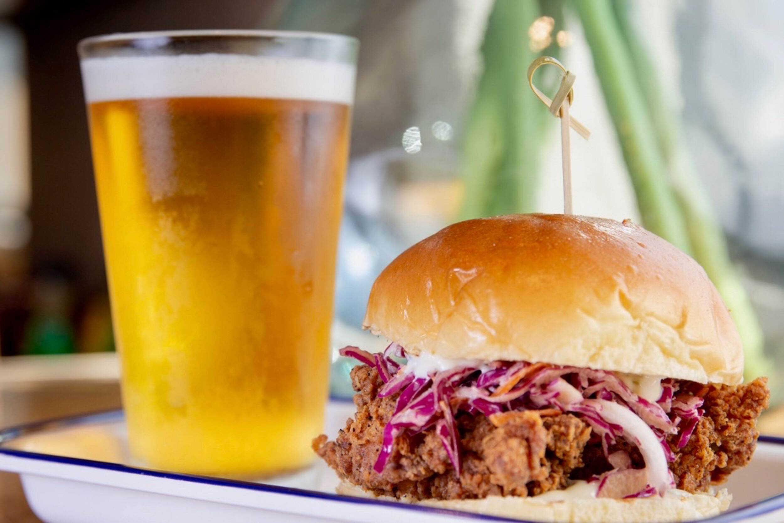 The Buttermilk Channel Crispy Chicken Sandwich with a Flower Power IPA from Ithaca Beer Co.