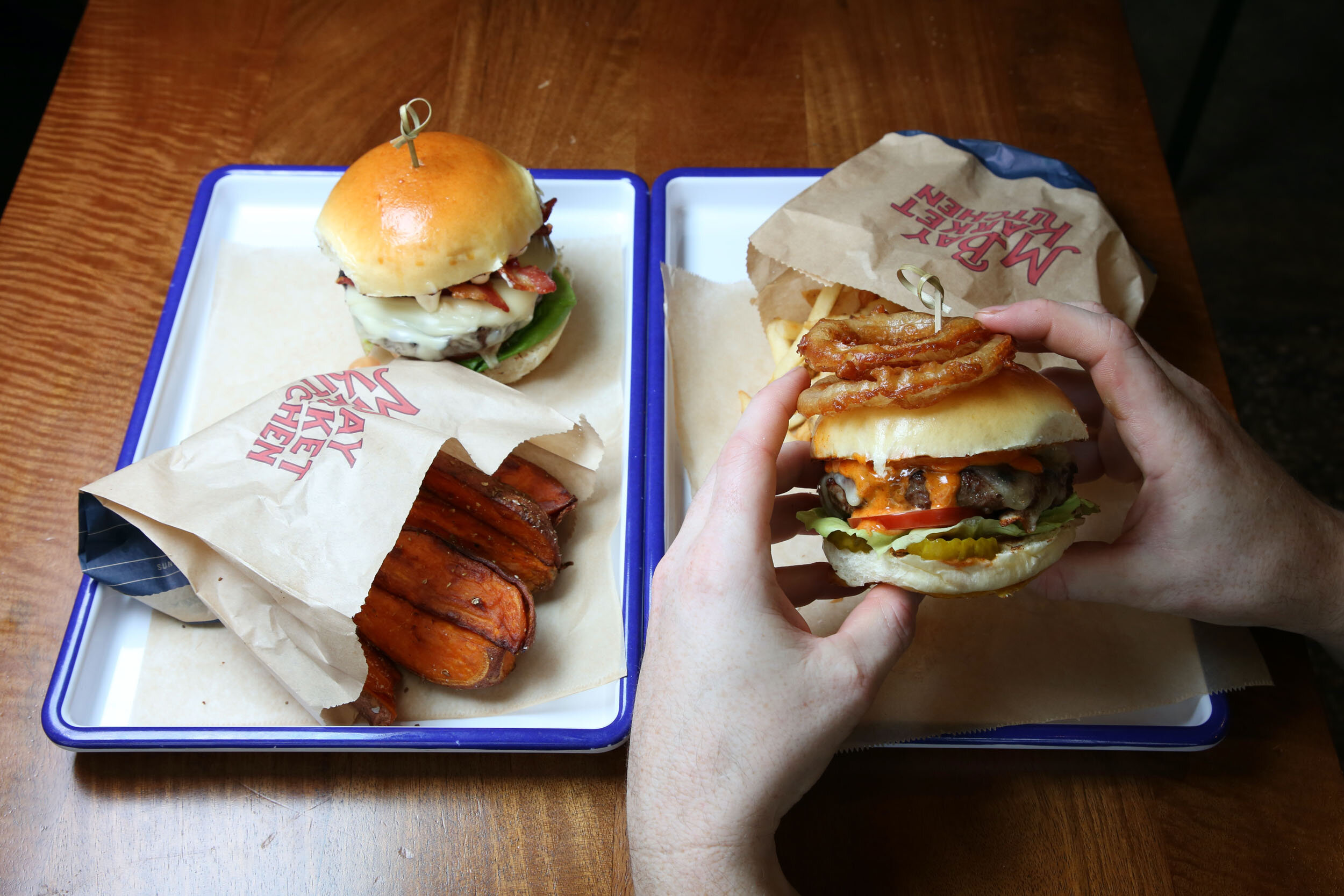 Sweet potato fries and The Kingsboro Burger made with Pineland Farms grass-fed beef from Gloucester, Maine