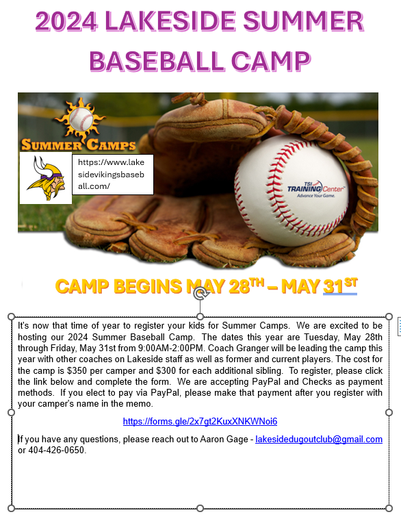 2025 Lakeside Summer Baseball Camp