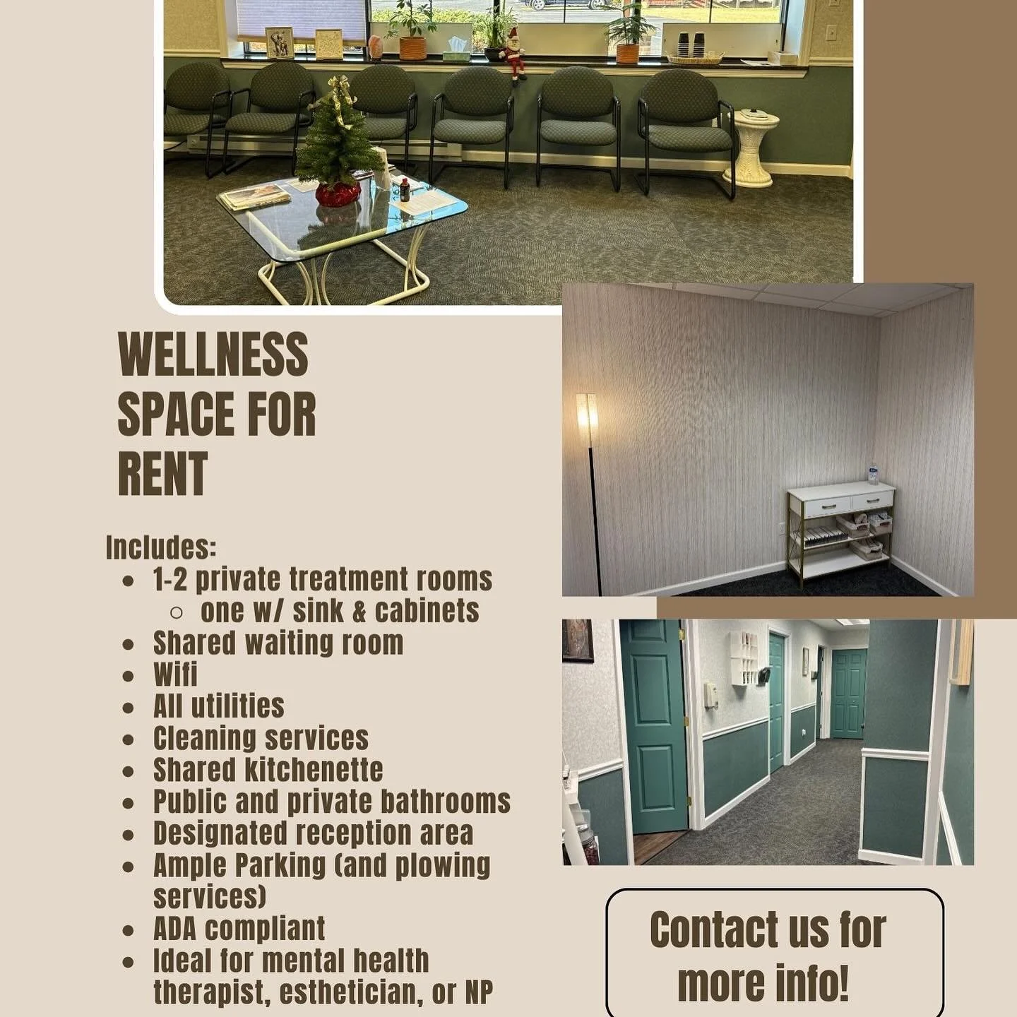 We are subletting 1-2 rooms at our integrative wellness clinic at 1510 Route 9W and would love to get the word out. We&rsquo;d love to offer this opportunity to practitioners that would complement our acupuncture and chiropractic practice. We have a 