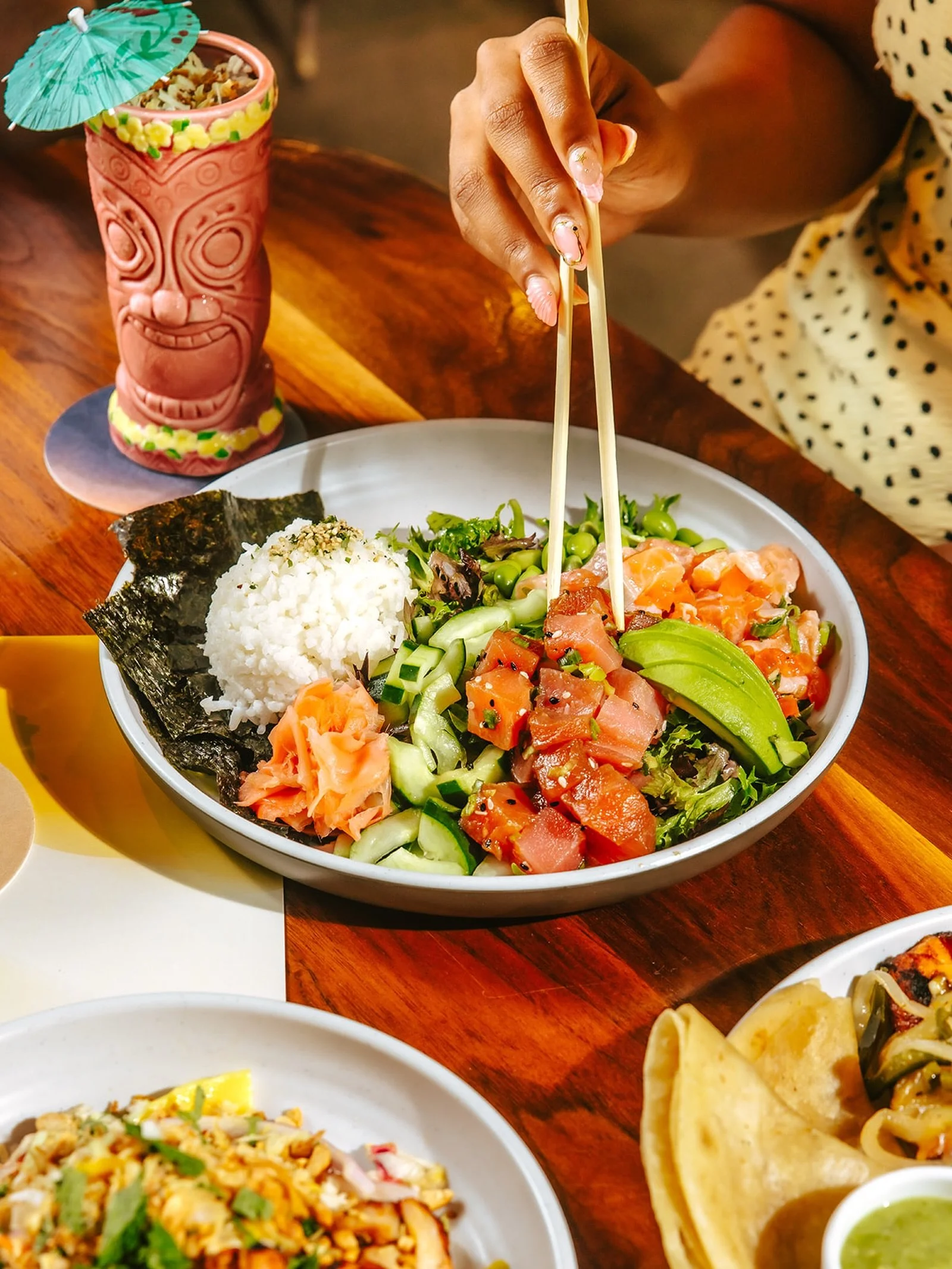 ✨ SoCal Poke Bowl✨
Lomi lomi salmon and tuna over sushi rice, finished with furikake, pickled ginger, edamame, cucumber and avocado. Bright, clean and composed, which is more than we can say for most Tuesdays. 

Plano&rsquo;s freshest poke bowl, made