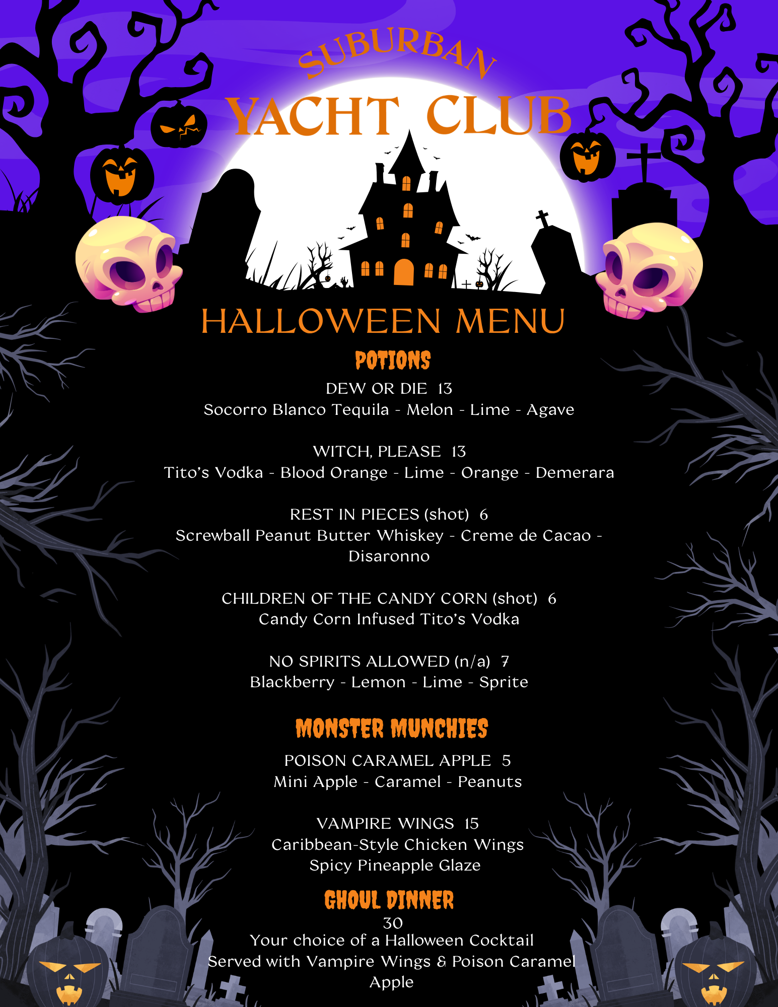 Halloween-themed menu for Suburban Yacht Club with spooky trees, pumpkins, a haunted house, gravestones, and bats in a dark night scene, featuring drink options and monster munchies.