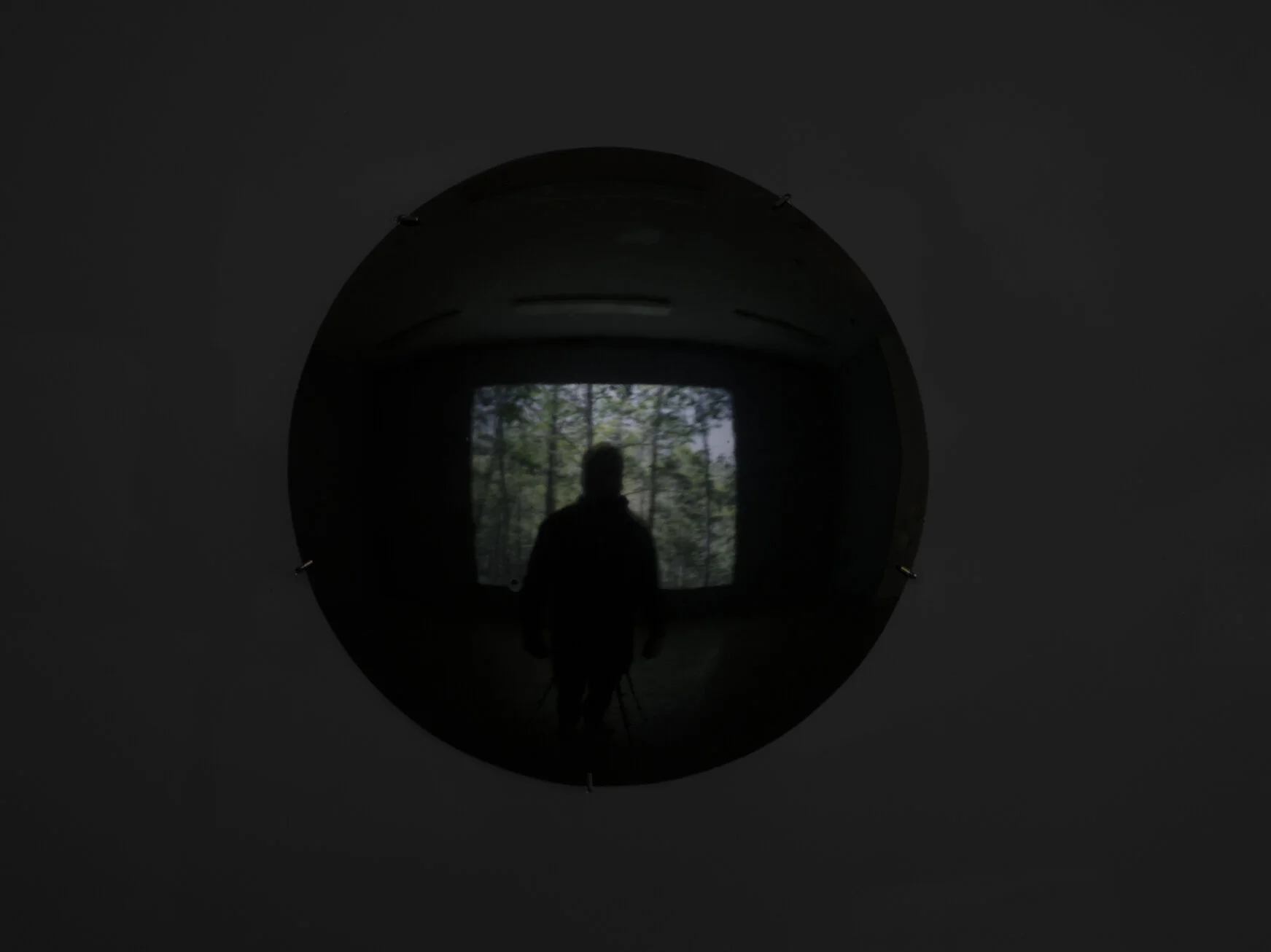Error and Illusion 2016, installation detail, (Black Mirror 2016, Slumped glass, 60cm diameter) Fieldwork Sydney College of Art Gallery 2016.