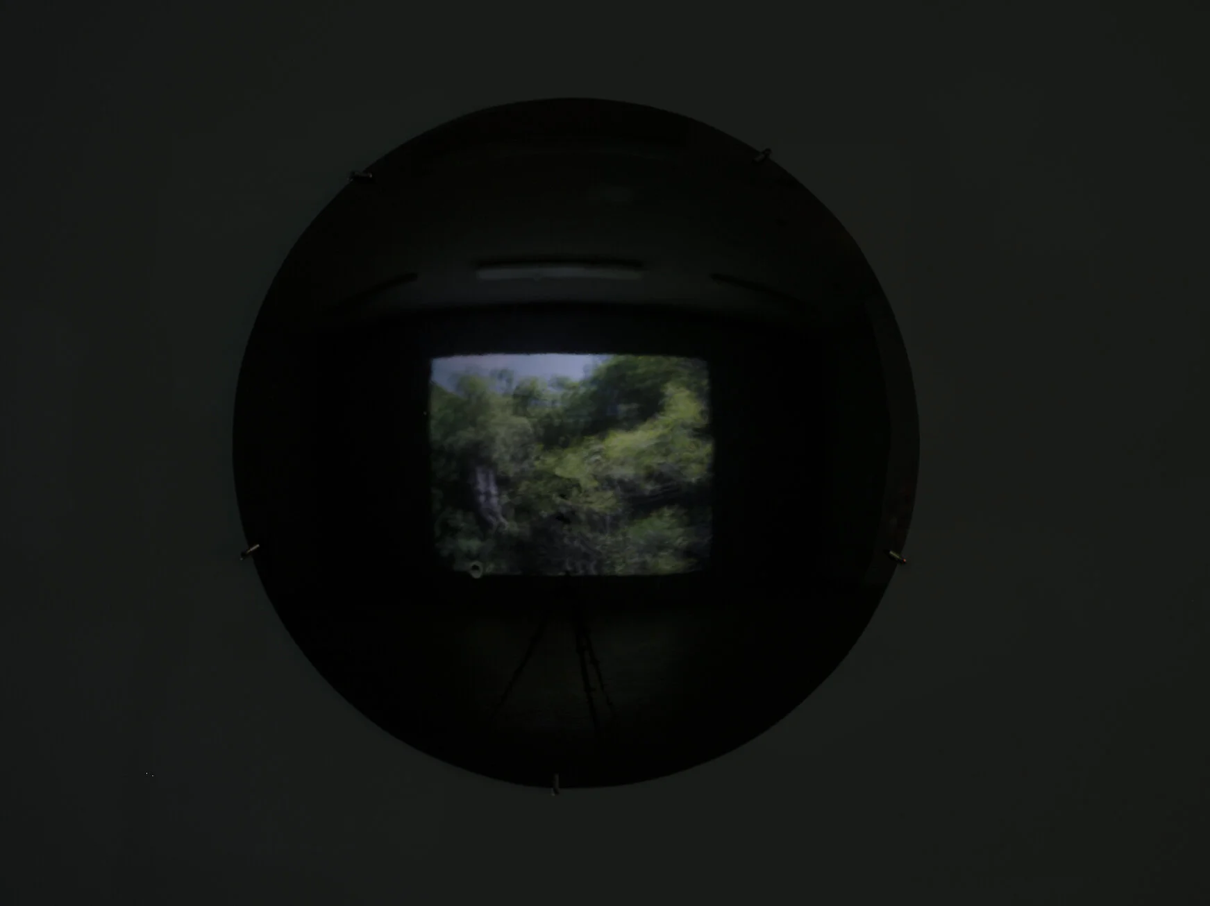 Error and Illusion 2016, installation detail, (Black Mirror 2016, Slumped glass, 60cm diameter) Fieldwork Sydney College of Art Gallery 2016.