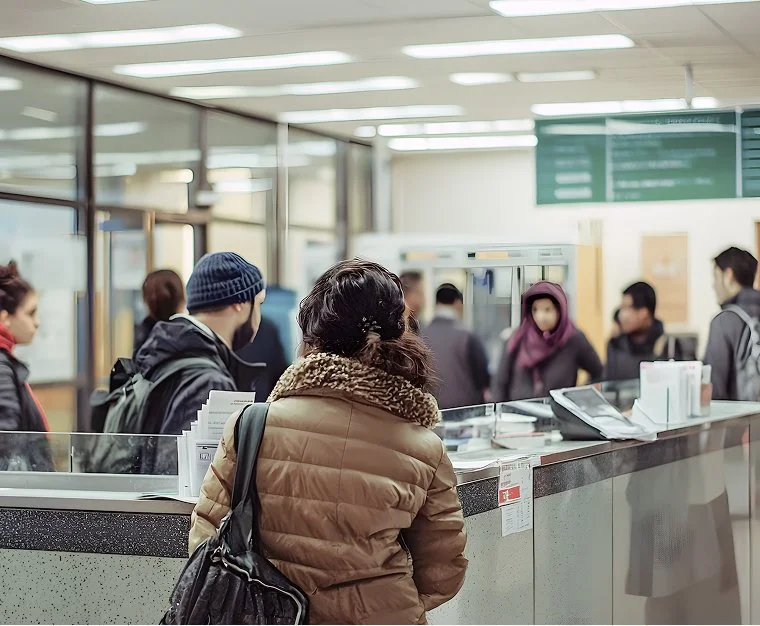 Citizen at a state agency office, unsure where to go and waiting at the counter.