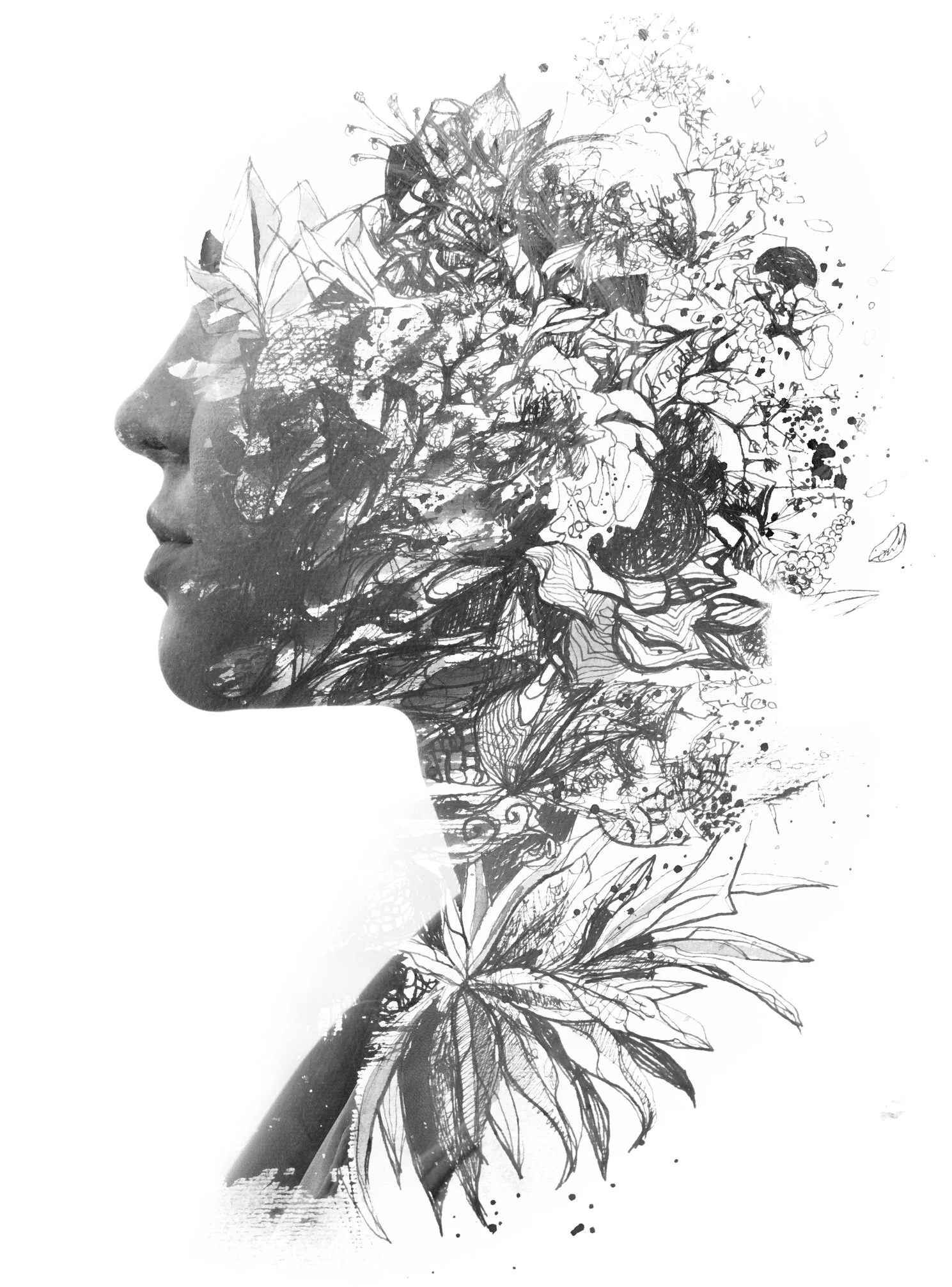 Black and white digital illustration of a woman's profile with her hair transforming into an intricate collage of leaves, flowers, and abstract shapes.