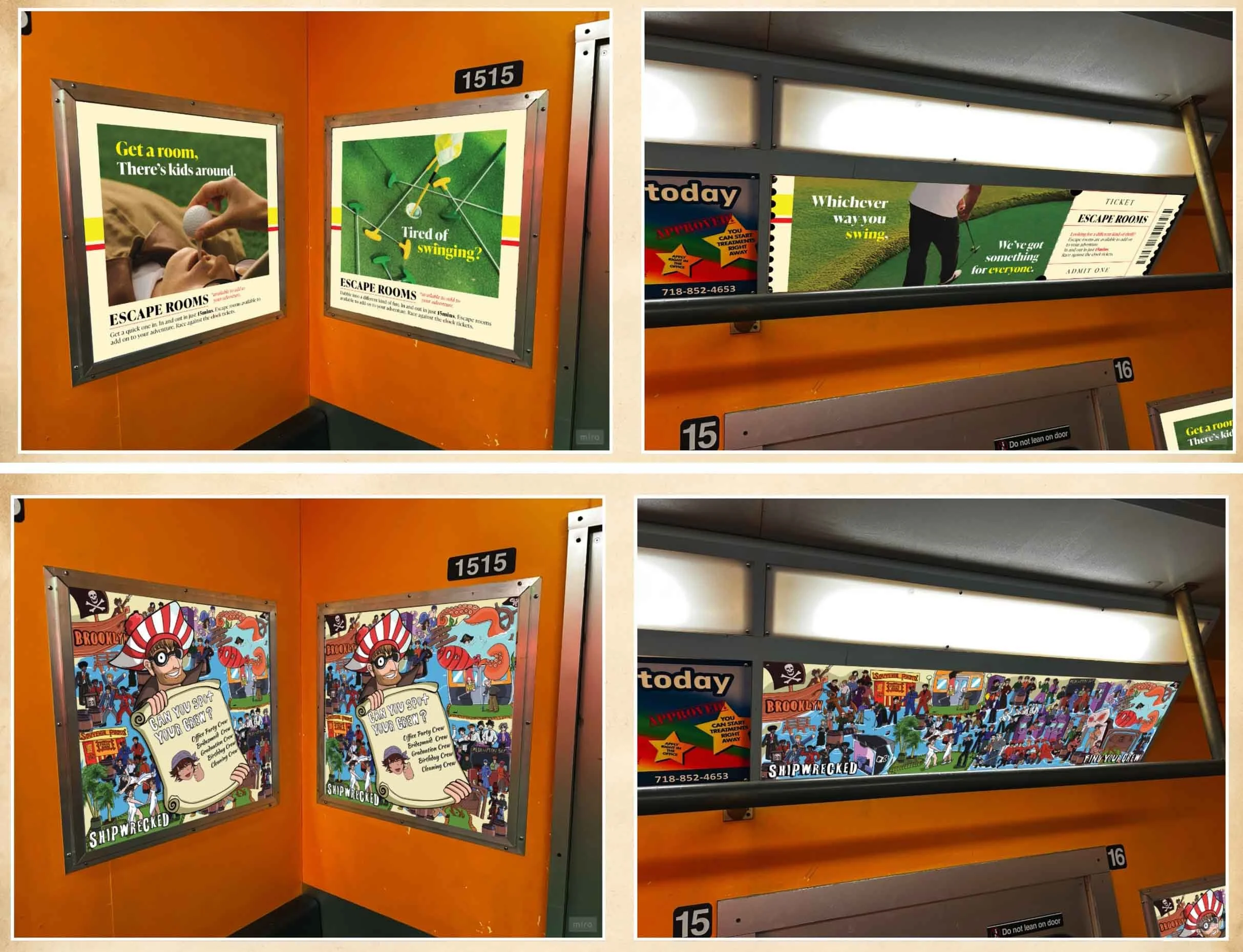 Students Morgan Jeong and Jabez Brisueno designed a series of mock subway ads for the last hole in the minigolf course at Shipwrecked, Brooklyn. (Spring 2025)