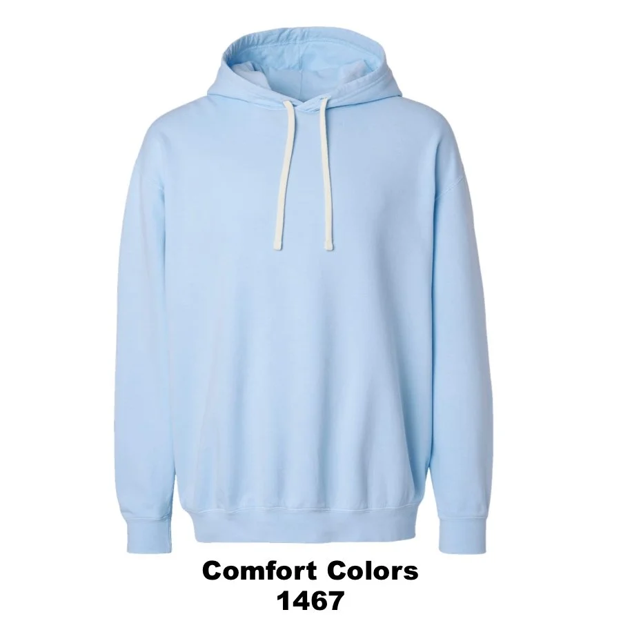 $46 Unisex Garment-Dyed Lightweight Fleece Hooded Sweatshirt Color Shown:  Hydrangea 
  Spec Sheet  📏