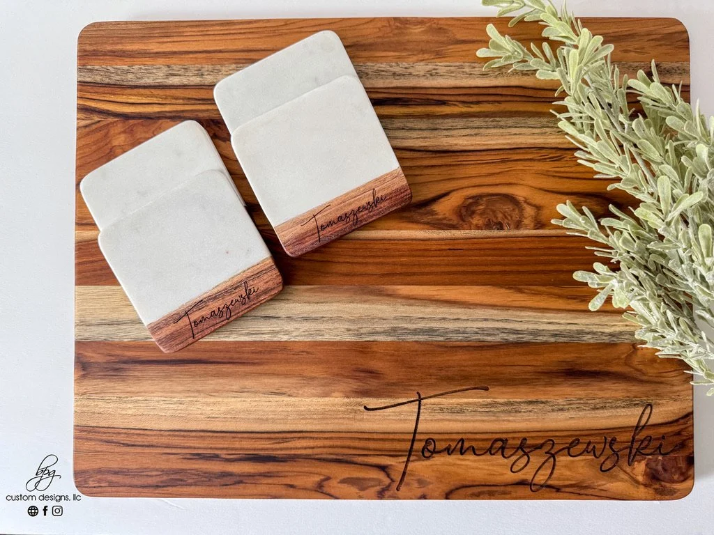 14X18 Acacia Board w/ drip boat on reverse side.  Coordinating 4 piece white marble & wood coaster set.
